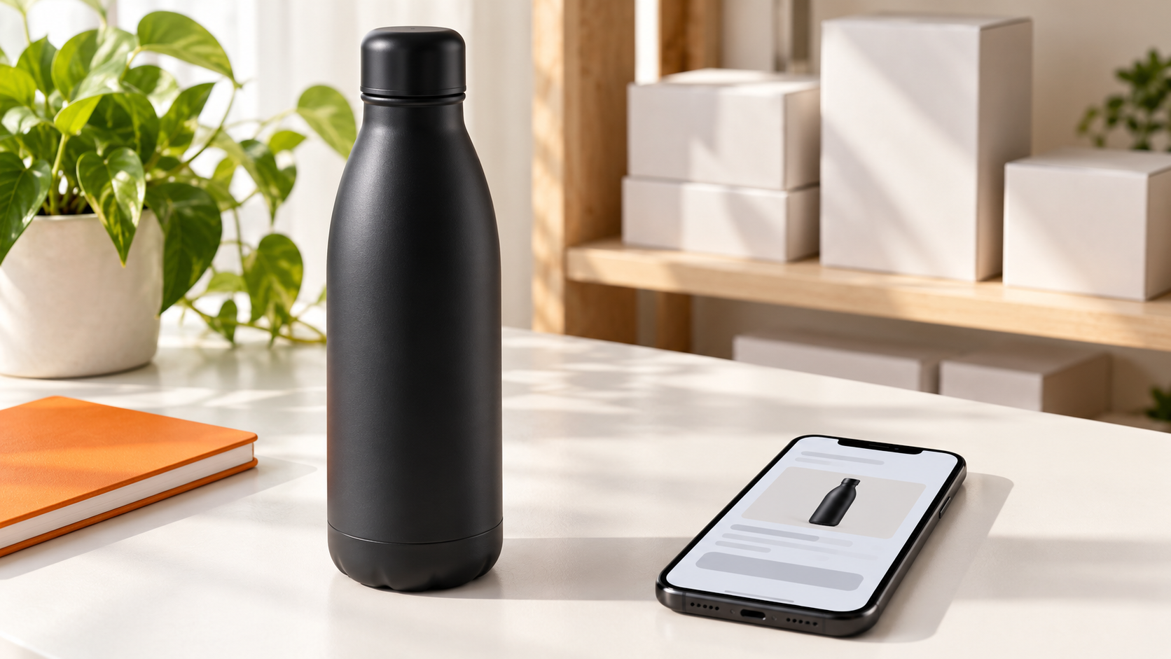 A matte-black product bottle beside a smartphone showing its Amazon listing